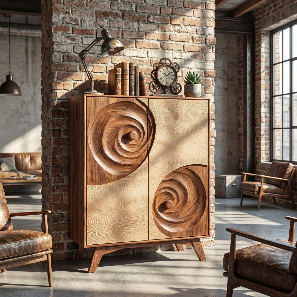 Solid Wood Sculptural Cabinet with Spiral Carved Relief Doors for Modern Interiors
