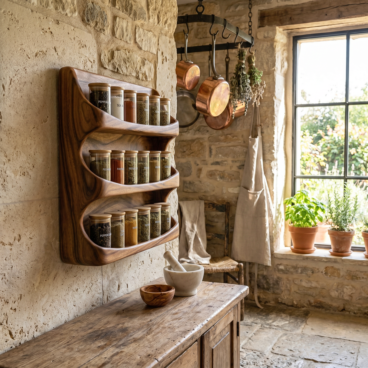 Handcrafted Wooden Wall Spice Rack with Flowing Wave Shelves for Kitchen Storage
