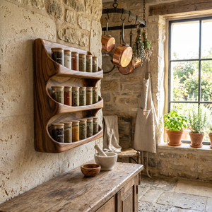 Handcrafted Wooden Wall Spice Rack with Flowing Wave Shelves for Kitchen Storage