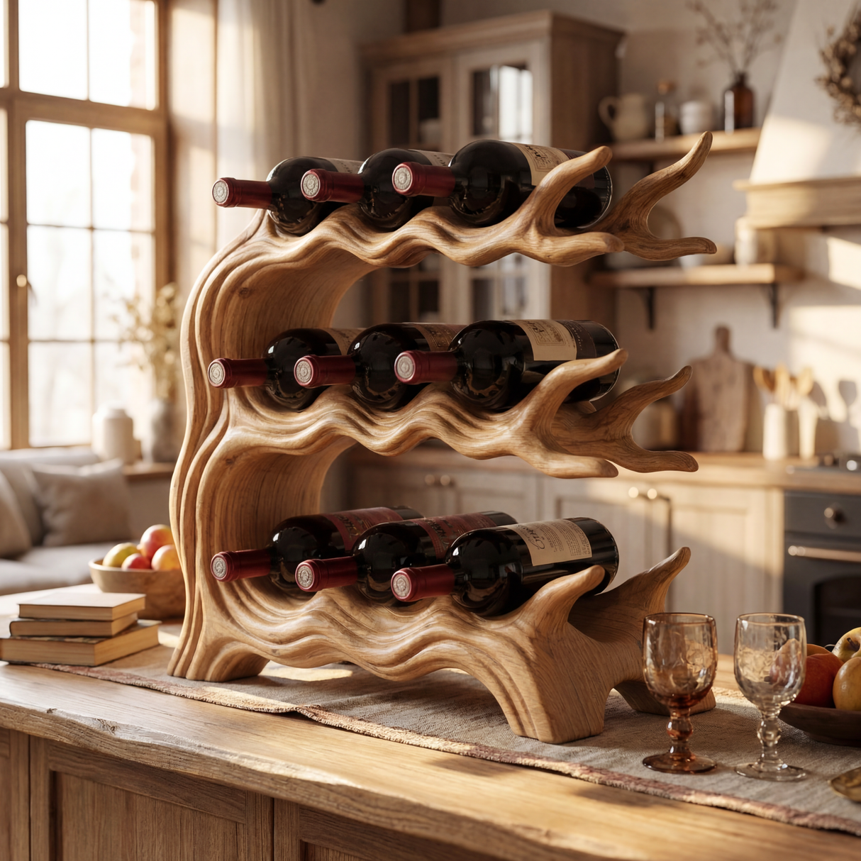 Tiered Solid Wood Wine Rack with Sculptural Wave Form Organic Bottle Holder Tabletop Display