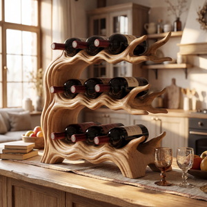 Tiered Solid Wood Wine Rack with Sculptural Wave Form Organic Bottle Holder Tabletop Display