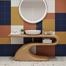 Modern Solid Wood Bathroom Vanity with Sculptural Curved Open Shelf