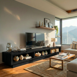 Solid Wood TV Cabinet with Open Display Shelves for Contemporary Living Rooms