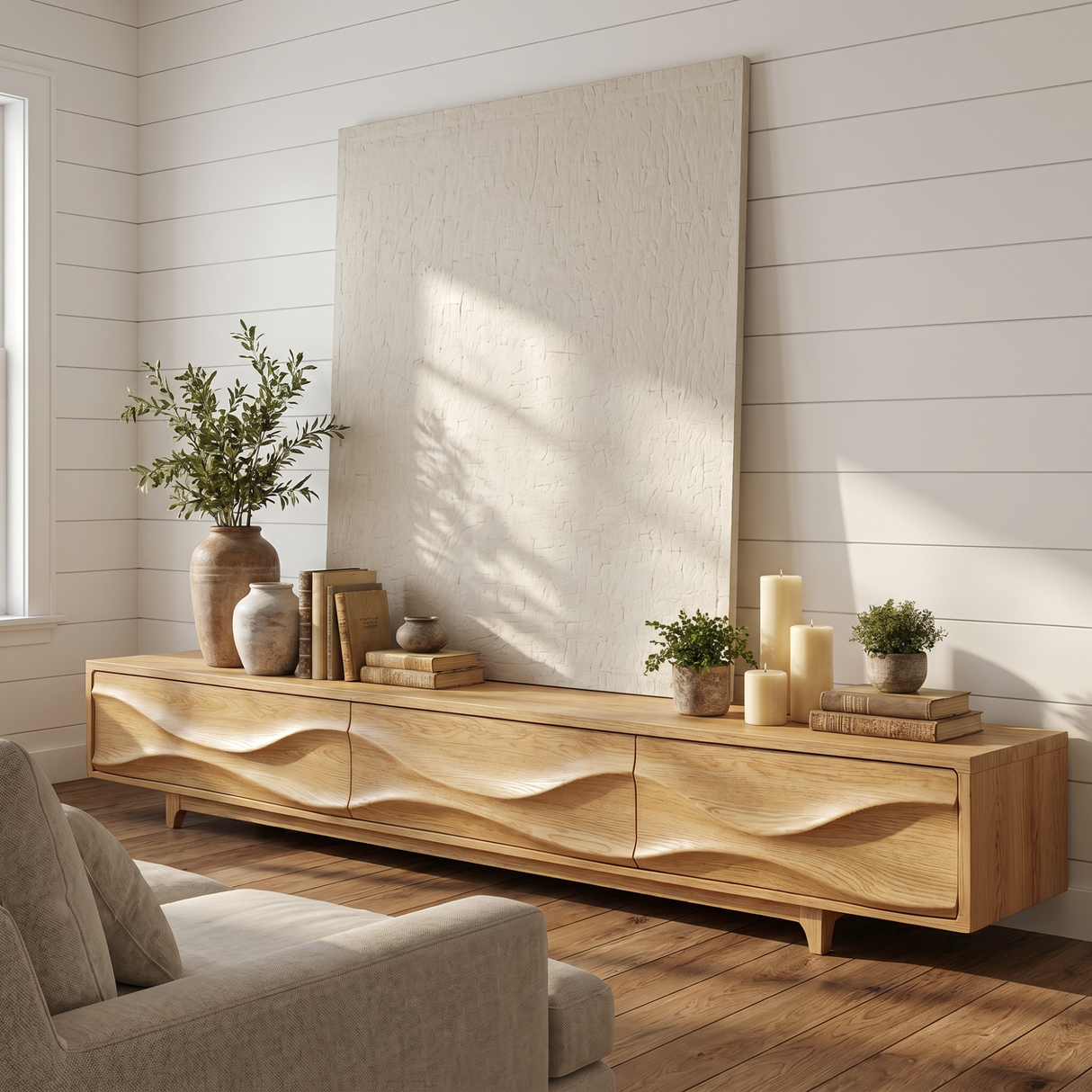 Solid Wood TV Console with Flowing Wave Carved Doors