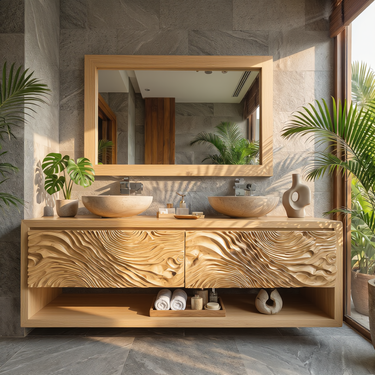 Double Vanity Cabinet with Carved Wave Front and Open Shelf