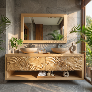 Double Vanity Cabinet with Carved Wave Front and Open Shelf