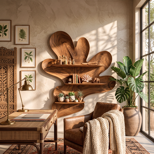 Organic Botanical Solid Wood Wall Shelf with Sculptural Leaf Display Shelves