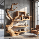 Organic Solid Wood Wall Bookshelf with Sculptural Tree Form Display Shelf