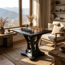 Handcrafted Solid Wood Chess Table with Sculptural Open Pedestal Base