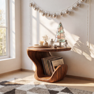 Sculptural Solid Wood Side Table with Curved Vinyl Record Storage