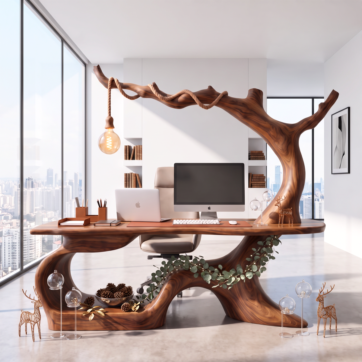 Handmade Solid Wood Tree Desk With Hanging Lamp Organic Modern Sculptural Office Table