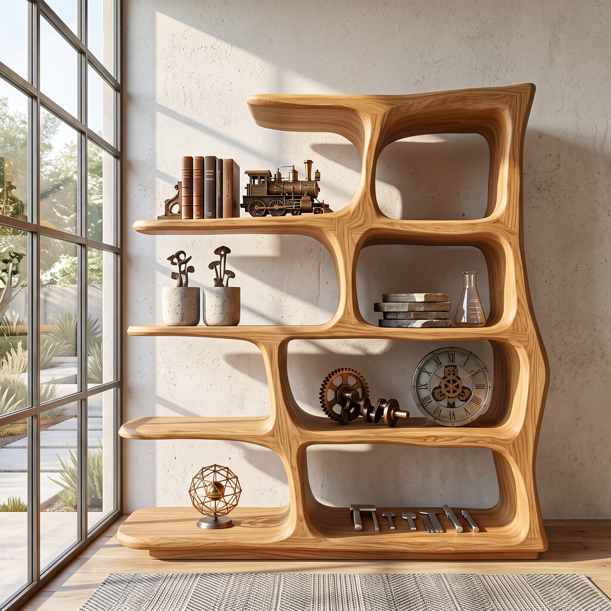 Freeform Solid Wood Bookcase with Rounded Open Shelves and Sculptural Frame