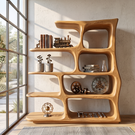 Freeform Solid Wood Bookcase with Rounded Open Shelves and Sculptural Frame
