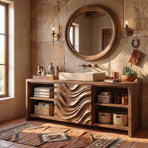 Solid Wood Bathroom Vanity with Wave Carved Center Panel and Open Shelf Storage