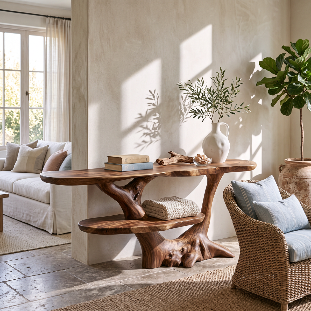 Sculptural Solid Wood Console Table with Organic Root Frame and Display Shelf