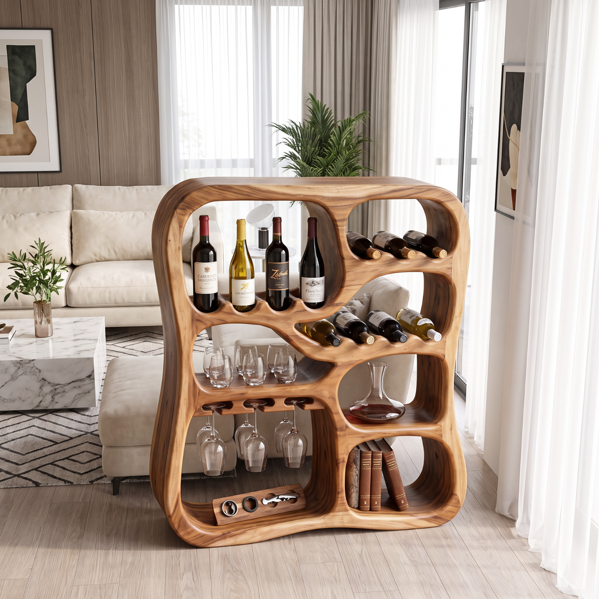 Solid Wood Wine Cabinet with Organic Display Niches and Stemware Rack