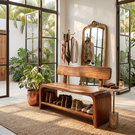 Shoe Bench Solid Wood with Backrest and Open Shoe Shelf for Entryway Storage