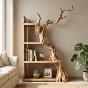 Vertical Solid Wood Bookshelf with Sculptural Tree Form Organic Modern Display Shelf