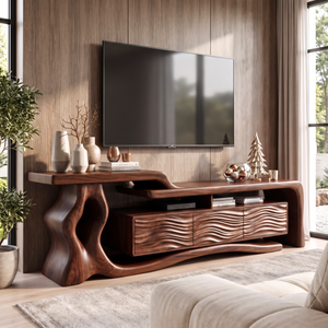 TV Stand with Sculptural Tree Root Frame and Wave Carved Cabinet Doors