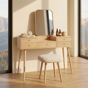 Mid Century Modern Wood Vanity Table with Drawers for Minimalist Bedrooms