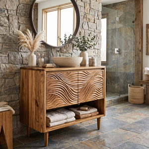 Bathroom Vanity Solid Wood with Carved Ripple Cabinet and Open Shelf for Powder Room