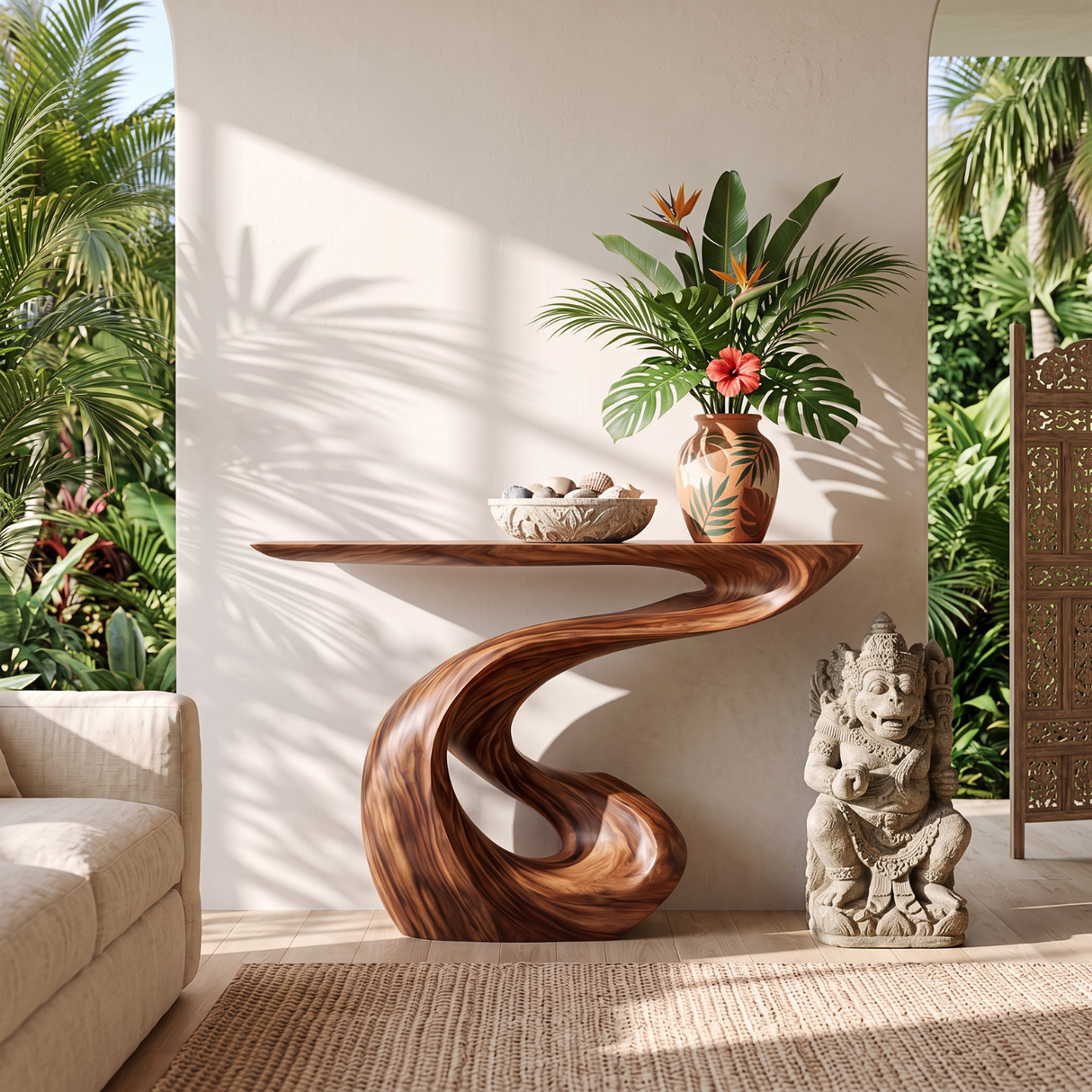 Organic Solid Wood Console Table with Sculptural S-Curve Base