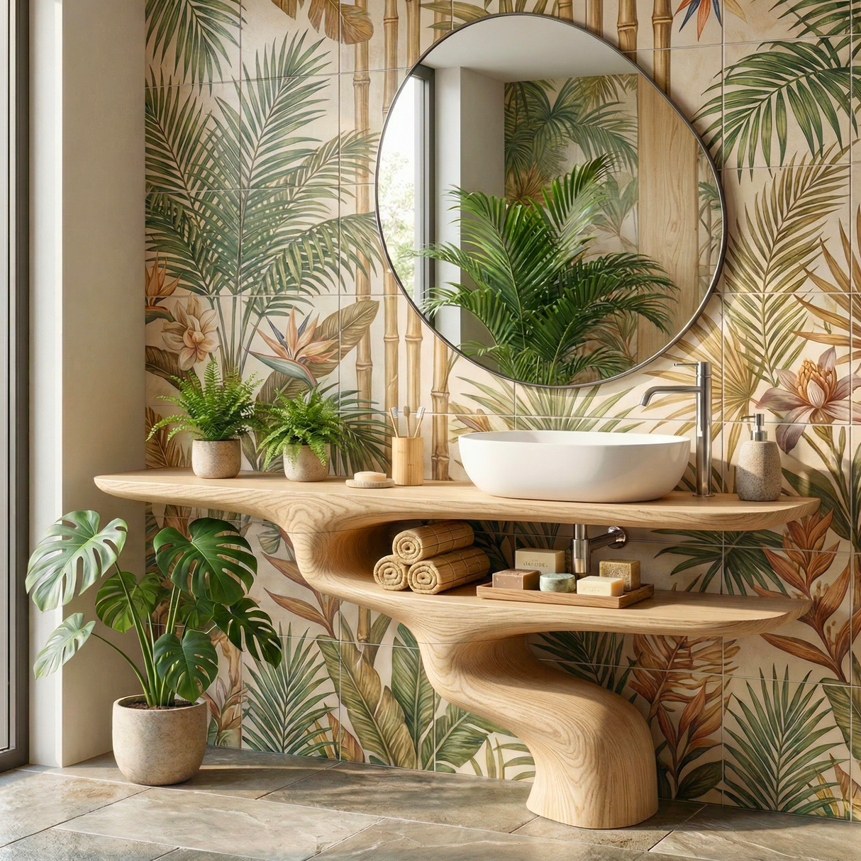Handcrafted Solid Wood Bathroom Vanity with Sculptural Double Shelf Base