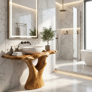 Bathroom Vanity Solid Wood with Sculptural Branching Pedestal for Modern Bathroom