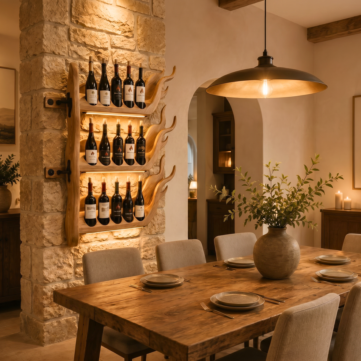 Modern Flame Inspired Solid Wood Wine Rack Wall Shelf