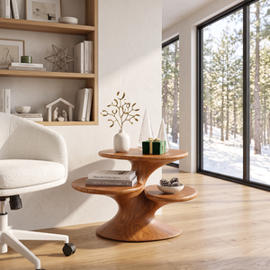 Sculptural Solid Wood Side Table with Three Tier Organic Shelves