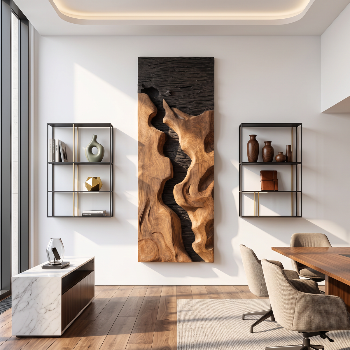 Abstract Solid Wood Wall Art with Freeform Canyon Relief and Dark Textured Background