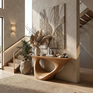 Organic Sculpted Solid Wood Console Table with Architectural Base