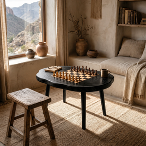 Handcrafted Solid Wood Oval Chess Coffee Table with Built In Board