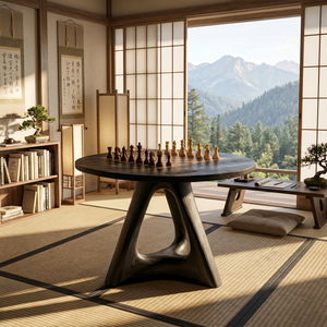 Handcrafted Round Solid Wood Chess Table with Organic Sculptural Base