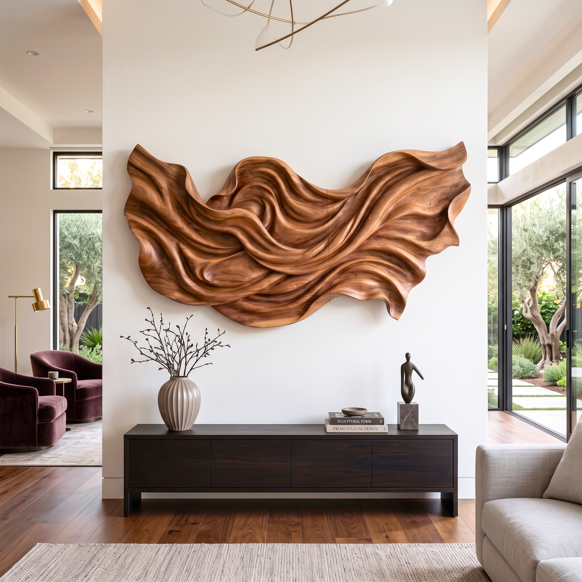 Wall Sculpture Flowing Wood Waves with Sculptural Organic Layers