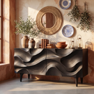 Solid Wood Sideboard Cabinet with Sculpted Wave Front