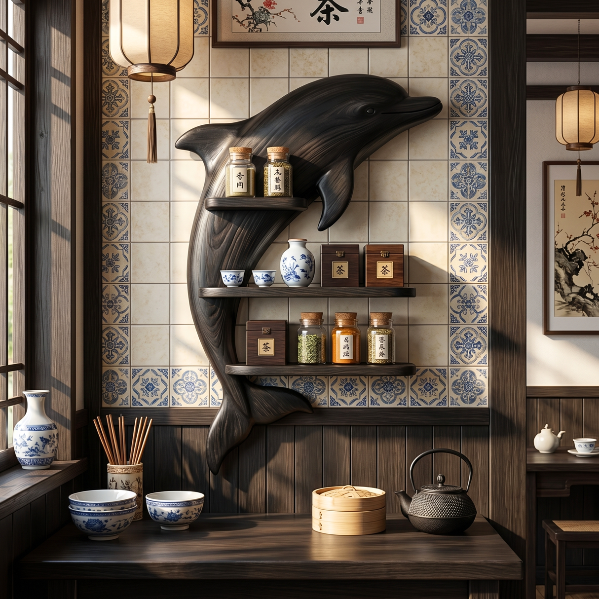 Solid Wood Dolphin Wall Spice Shelf with Three Tier Kitchen Storage