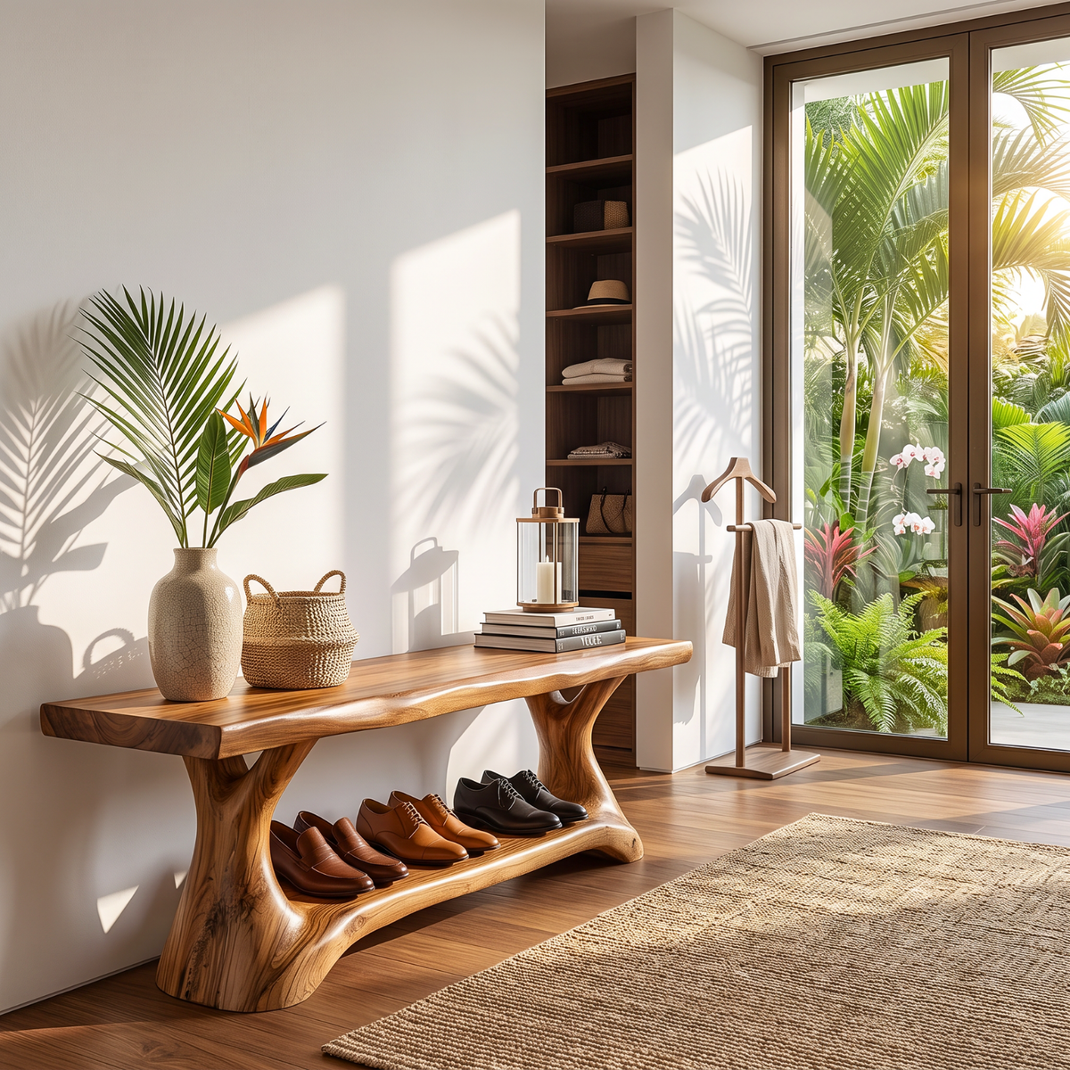 Shoe Rack Solid Wood with Sculptural Branch Legs and Open Shelf