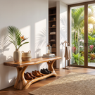 Shoe Rack Solid Wood with Sculptural Branch Legs and Open Shelf