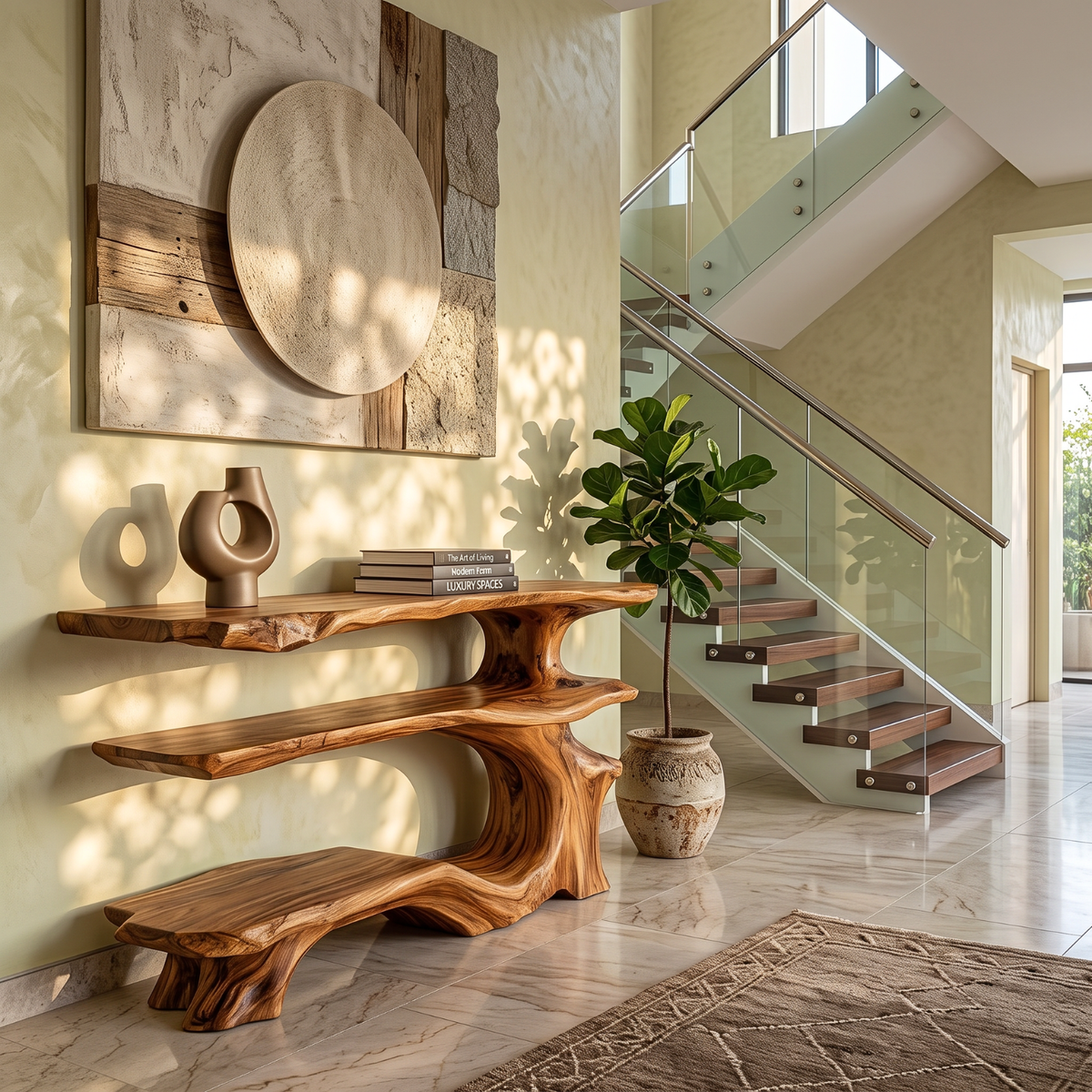 Organic Solid Wood Console Table with Three Tier Sculptural Shelves