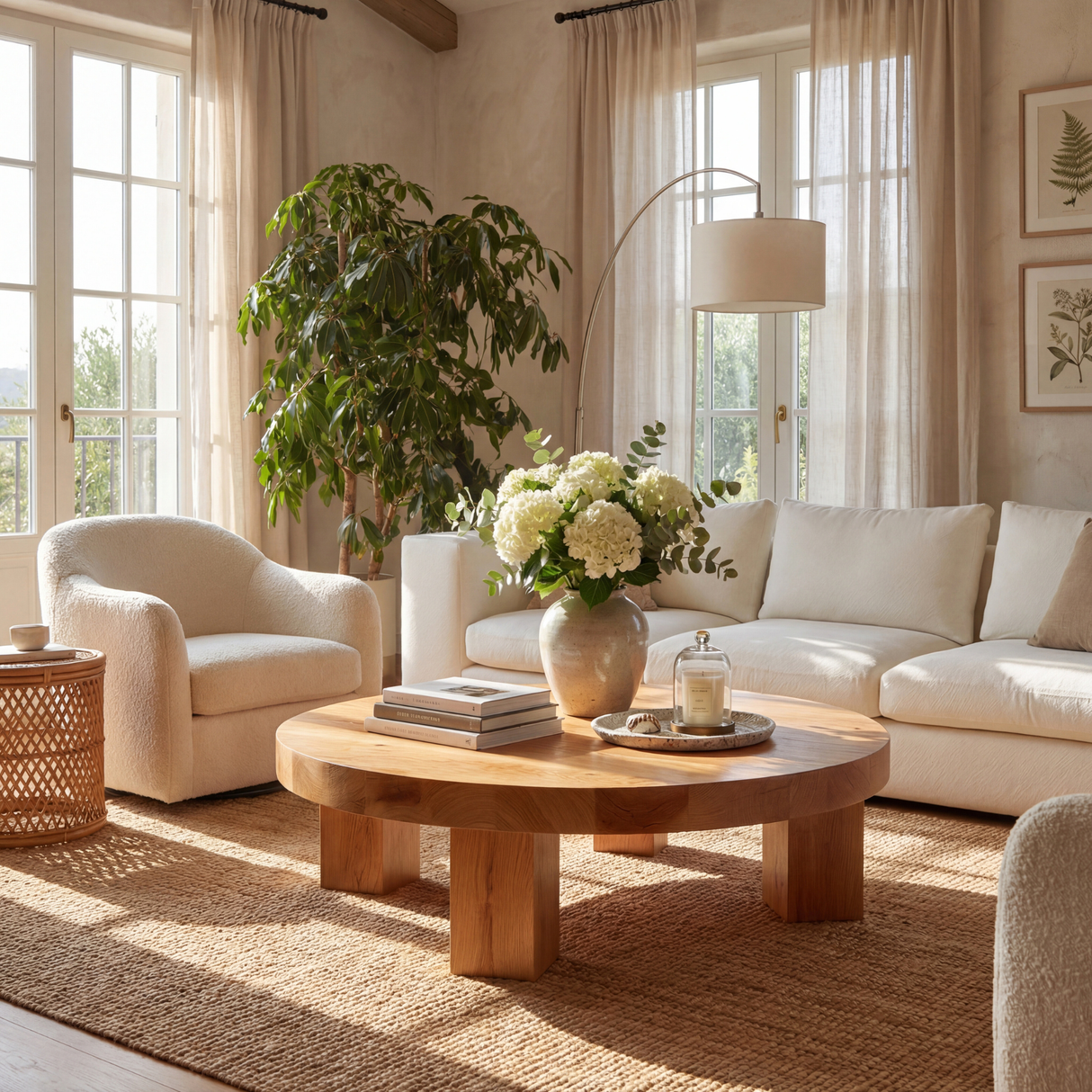 Round Wood Coffee Table with Chunky Block Legs
