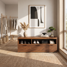 Modern Solid Wood Shoe Cabinet with Open Cubbies and Three Storage Drawers