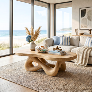 Handcrafted Solid Wood Coffee Table with Organic Sculptural Base and Rounded Live Edge Top