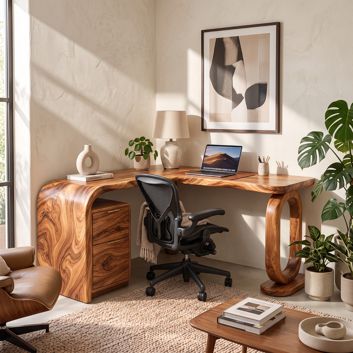Handcrafted Solid Wood Desk with Sculptural Loop Leg and Built In Drawers