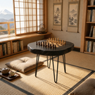 Round Solid Wood Chess Coffee Table with Organic Edge and Hairpin Legs