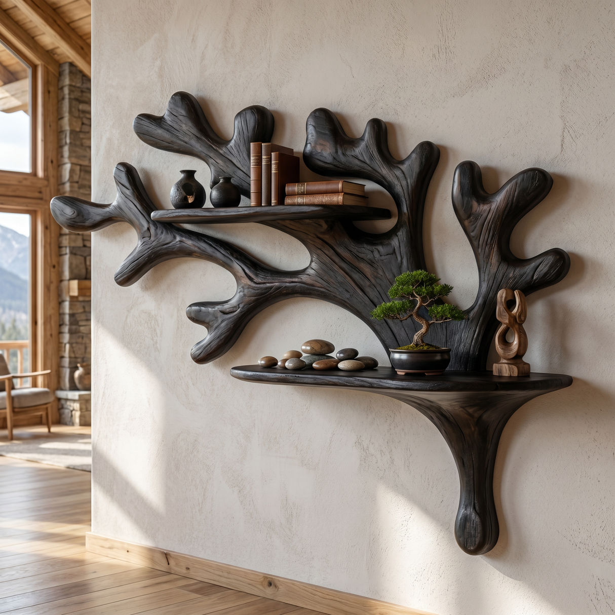 Handcrafted Solid Wood Coral Branch Wall Shelf for Bathroom Storage