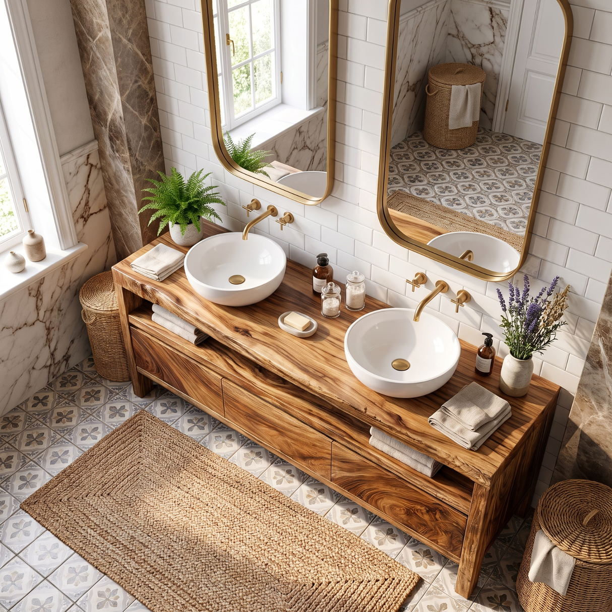 Bathroom Vanity Solid Wood with Double Sink and Open Shelf Storage for Lodge Bathroom