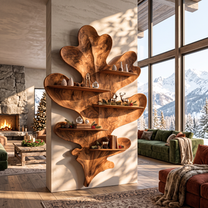 Sculptural Leaf Solid Wood Wall Shelf with Organic Botanical Display Design