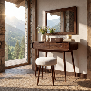 Rounded Solid Wood Vanity Table with Drawers, Modern Dressing Table for Bedroom