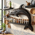 Solid Wood Dolphin Wall Shelf Spice Rack with Long Open Jar Display